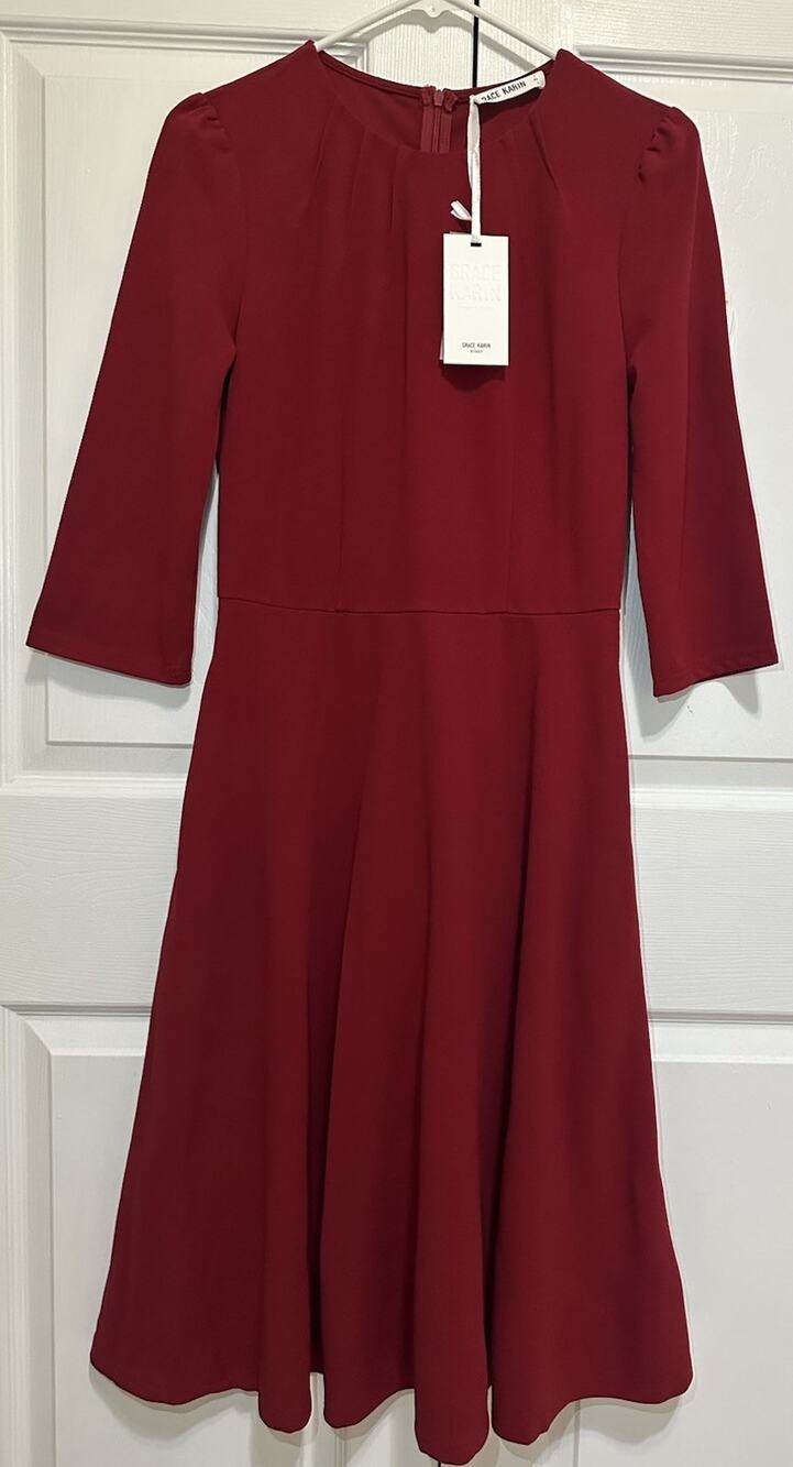 NWT Grace Karin Red A Line Dress Sz S Flare 3/4 Sleeve Cocktail Wedding Guest